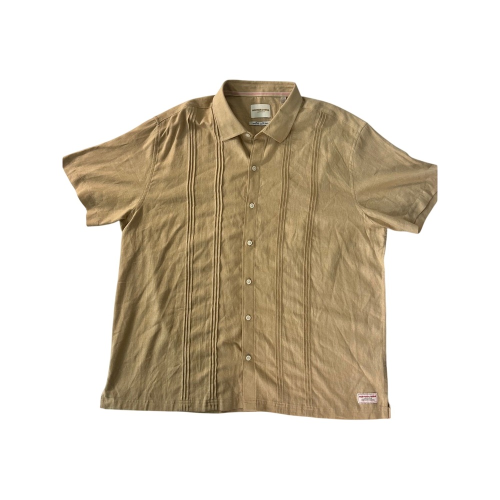 Scotch & Soda Mens XXL Tan Pintuck Short Sleeve Button Up Shirt Guayabera Style